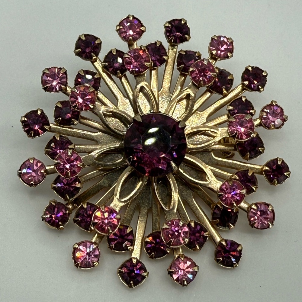 Vintage Atomic Starburst Brooch w Pink & Maroon Rhinestones Mid-Century Costume